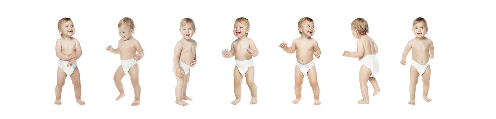 Collage with photos of cute baby learning to walk on white background. Banner design