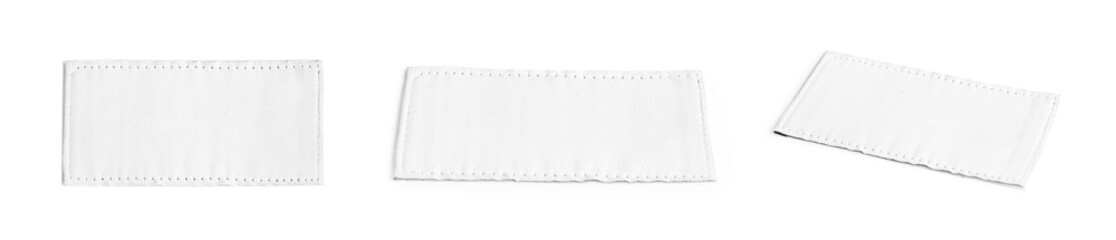 Blank clothing labels on white background, collage. Banner design