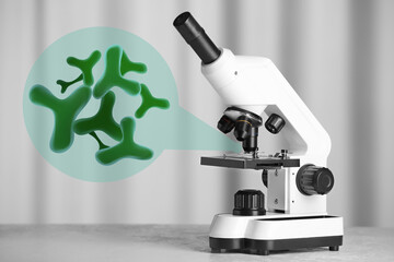 Examination of sample with germs under microscope in laboratory