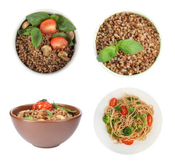 Set with tasty buckwheat porridge and noodles on white background
