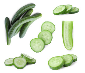 Set with whole and cut ripe cucumbers on white background