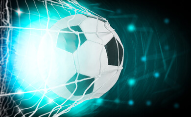 Soccer ball in net on color background, space for text