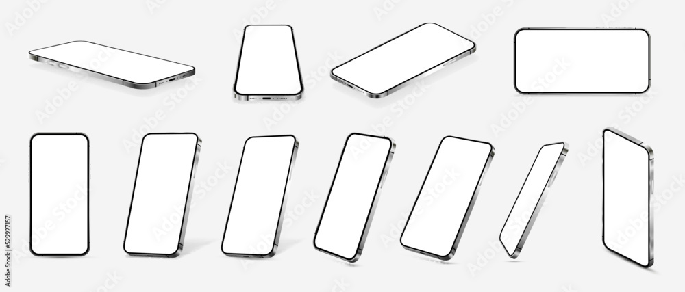 Poster realistic 3d mobile phone devices mockups for presentation ui, ux, kit. smartphones in different ang