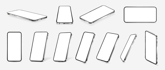 Realistic 3D Mobile phone devices mockups for presentation UI, UX, KIT. Smartphones in different angles - front, horizontal, isometric, perspective. Realistic 3D gadgets - smartphone. Vector template