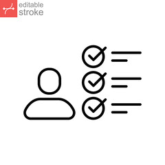 Business Concept Personal traits line icon. Human avatar, check mark qualification for Personality assessment, skill analysis logo. Editable stroke vector illustration design on white background EPS10