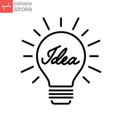 Idea light bulb line icon. Bright lamp For innovation, creative, inspiration symbol. Problem solving or Solution. Outline style. Editable stroke Vector illustration. Design on white background EPS 10