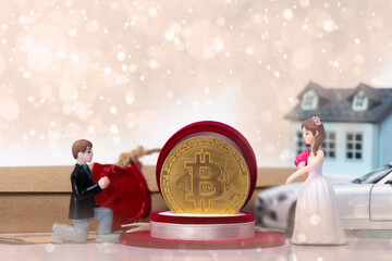 Miniature small doll of couple lovers propose for marriage with romantic valentine moment with background of document asset house car vehicle, metaphor concept trade love money bitcoin cryptocurrency