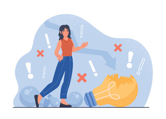 Bad idea concept. Young girl stands by broken light bulb, problems at work, insight and brainstorming. Unsuccessful start up, project or innovation metaphor. Cartoon flat vector illustration