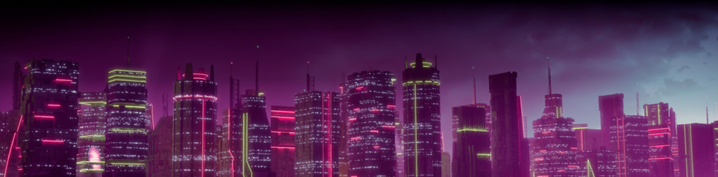 Sci-fi Metropolis with Pink and Yellow Neon lights. Night scene with Visionary Architecture.