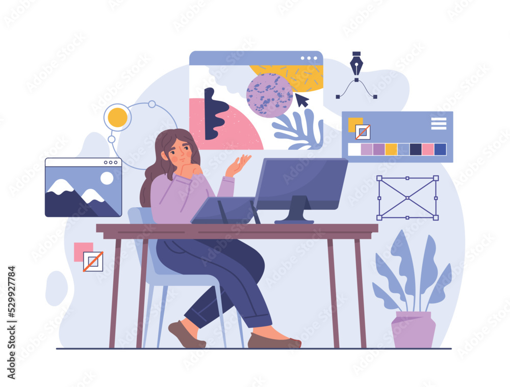 Wall mural woman graphic designer. young girl working with images at computer, creating graphic element for web