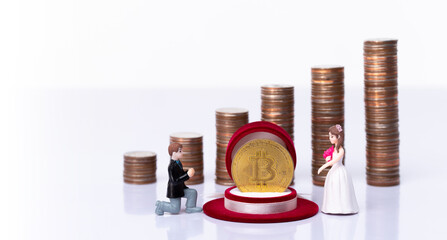Miniature small doll of couple lovers propose for marriage with romantic valentine moment with...