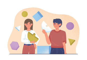 Concept of coworking. Man and woman connect parts of figures. Metaphor of partnership, teamwork, cooperation and collaboration. CCoworkers characters communication. Cartoon flat vector illustration