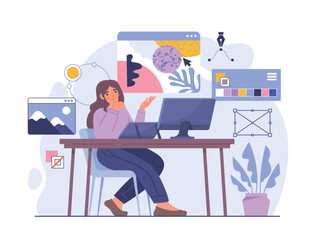 Woman graphic designer. Young girl working with images at computer, creating graphic element for website. Designing interface for application, software or program. Cartoon flat vector illustration