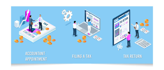3D isometric Tax agent service concept with Tax calcultion, State Government taxation, Accountant appointment, filing the tax and Financial Tax Report. Eps10 vector illustration