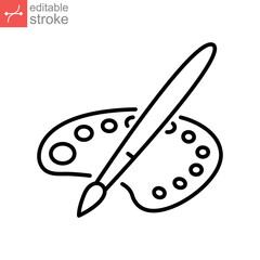 Brush, pallet color line icon. Paint brush with color palette. Watercolor for drawing and sketch of artist equipment. Colors paint, Artistic brush. Editable stroke. Design on white background. EPS 10