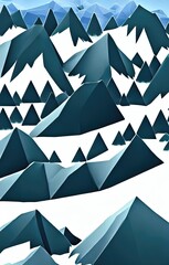 Verschneite Landschaft eines Bergtals mit Wald, Fluss und schneebedeckten Bergen, Illustration im Low-Poly-Stil