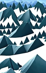 Fotobehang Bergen Besneeuwd landschap van een bergvallei met bos, rivier en met sneeuw bedekte bergen, illustratie in laag poly-stijl