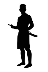 Ancient Asian warrior with his weapon silhouette vector on white background