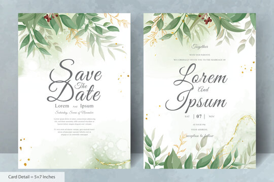 Elegant Wedding Invitation Card with Watercolor and Greenery Leaves