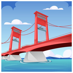 AMPERA Bridge in South Sumatra Indonesia. famous landmark building in sunset landscape concept in cartoon illustration vector