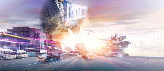 Smart technology logistics concept,  Businessman touching virtual screen world map of Global...