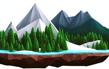 Snow capped mountain surrounded by a forest and river sits on a floating rock island, low poly style illustration