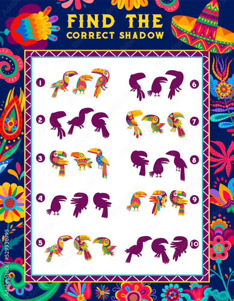 Poster Find the correct shadow of mexican toucan bird kids game worksheet. Children logical maze or riddle, child educational exercise book vector page with jungle birds. Kids quiz with shadow matching task