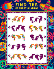 Find the correct shadow of mexican toucan bird kids game worksheet. Children logical maze or riddle, child educational exercise book vector page with jungle birds. Kids quiz with shadow matching task