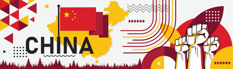 China national day banner with abstract modern design and Chinese Flag and map with red yellow color theme. Raised fists. Vector illustration.