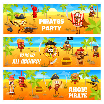 Cartoon pirates fastfood characters on treasure island, vector kids party of treasure hunt. Funny pirate captain and sailor burger, pizza, soda drink, hot dog, popcorn and taco with piracy flag, hats