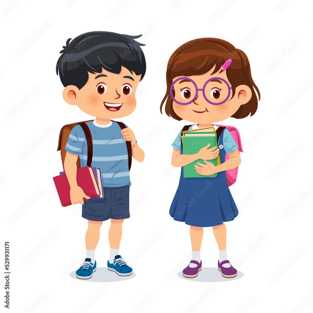 Wall mural little school children stand holding books with backpacks. cartoon characters