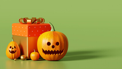 3D rendering happy halloween, pumpkin head on green background, gift box october 31st, copy space for text message or banner template design for product display