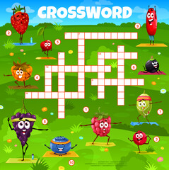 Crossword grid. Cartoon berry characters on yoga fitness. Word quiz game, kids vocabulary puzzle or playing activity vector worksheet with strawberry, cherry and raspberry, grape, blueberry, cowberry