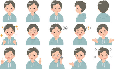 若い男性のバストアップイラスト 表情15セット