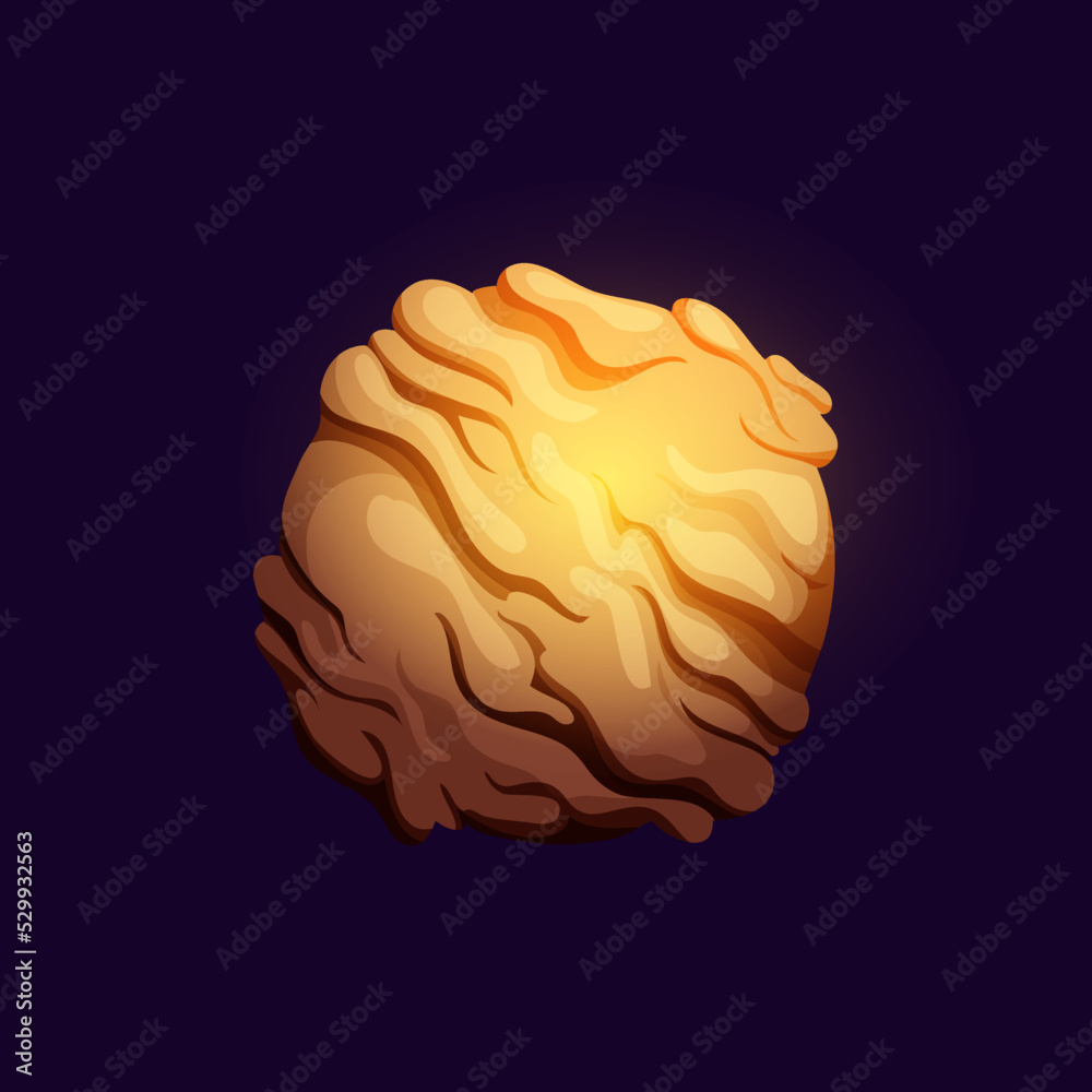 Poster galaxy space planet with volcano, mountain craters, lava and ice surface. gui icon alien planet, fan