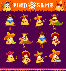Obraz premium Cartoon mexican nachos chips characters. Find two same personages. Kids vector worksheet game search similar tex mex snack cowboy with horse, mariachi musician in sombrero with guitar, maraca, trumpet