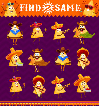 Cartoon mexican nachos chips characters. Find two same personages. Kids vector worksheet game search similar tex mex snack cowboy with horse, mariachi musician in sombrero with guitar, maraca, trumpet