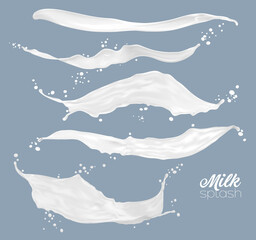 Milk, yogurt or cream white wave splash swirl with splatters, realistic vector. Dairy yogurt drink long splash and swirl backgrounds of white milky pour flow, milkshake spill with drops splatter