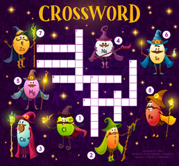 Crossword grid quiz game, cartoon micronutrients wizard and mage characters, vector word riddle worksheet. Kids crossword game with natrium, selenium and zinc magician and sorcerer with magic staff