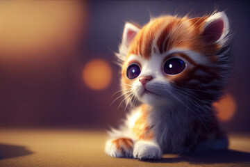Cute little kitten, 3d illustration, adorable cartoon - obrazy, fototapety, plakaty