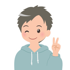 Vサインをする 若い男性のバストアップイラスト