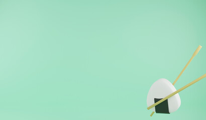 3D rendering onigiri rice ball on green background, 3D illustration japanese food and copy space