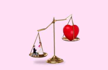 Love Money Symbol Concept. Red Heart shape on balance scale exchange trade for Materialism, bride...