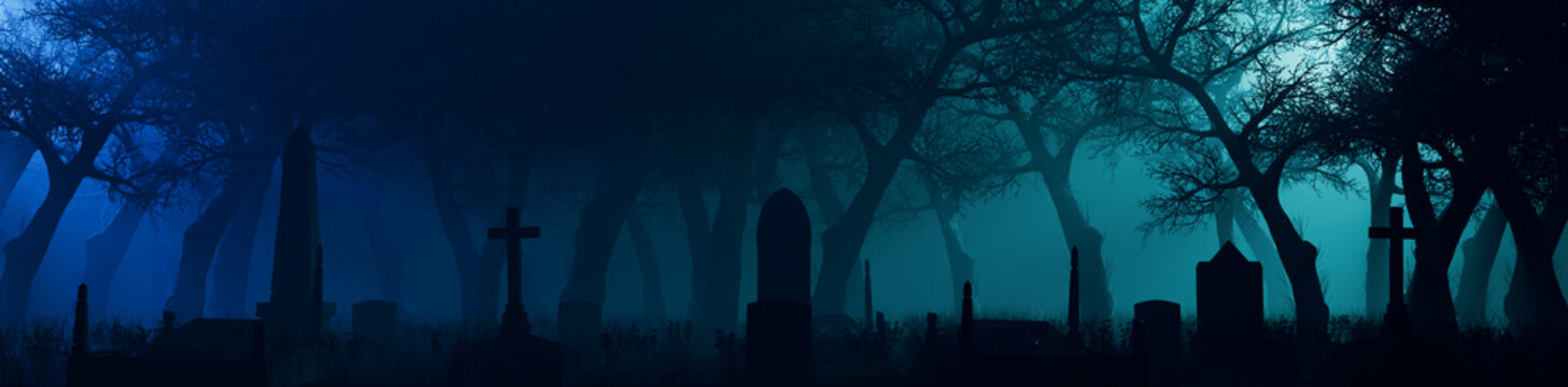 Blue Halloween Banner with Cemetery in a Thick Mist. Spooky Night Scene with Trees and Tombstones.