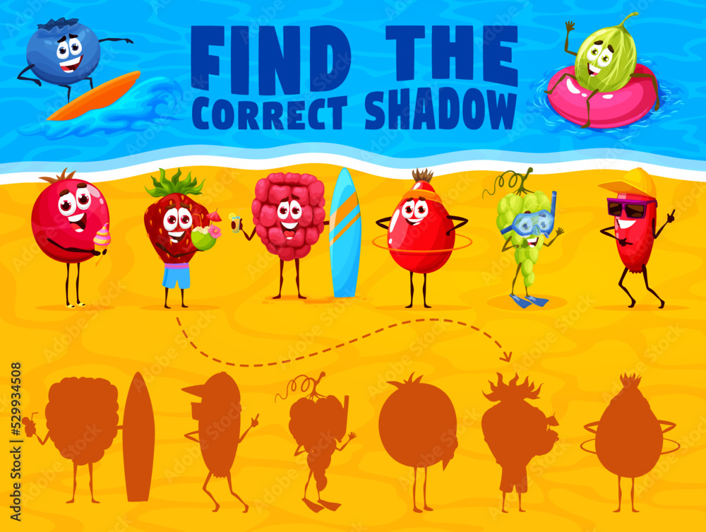 Poster find the correct shadow of cartoon berry characters on summer beach. kids vector match game workshee