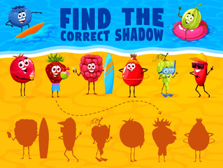 Find the correct shadow of cartoon berry characters on summer beach. Kids vector match game worksheet riddle with cranberry, strawberry, raspberry, rosehip, grape and barberry water fun and relax