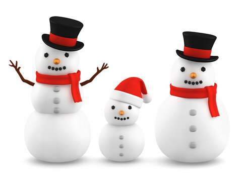 snowman wearing silk hat and santa hat on transparent background, 3D illustration  