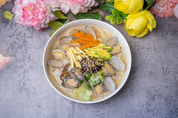 Korean Food Noodle Soup with Clams