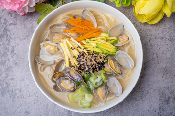 Korean Food Noodle Soup with Clams