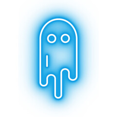 Neon blue ghost icon, illustration of glowing ghost on transparent background